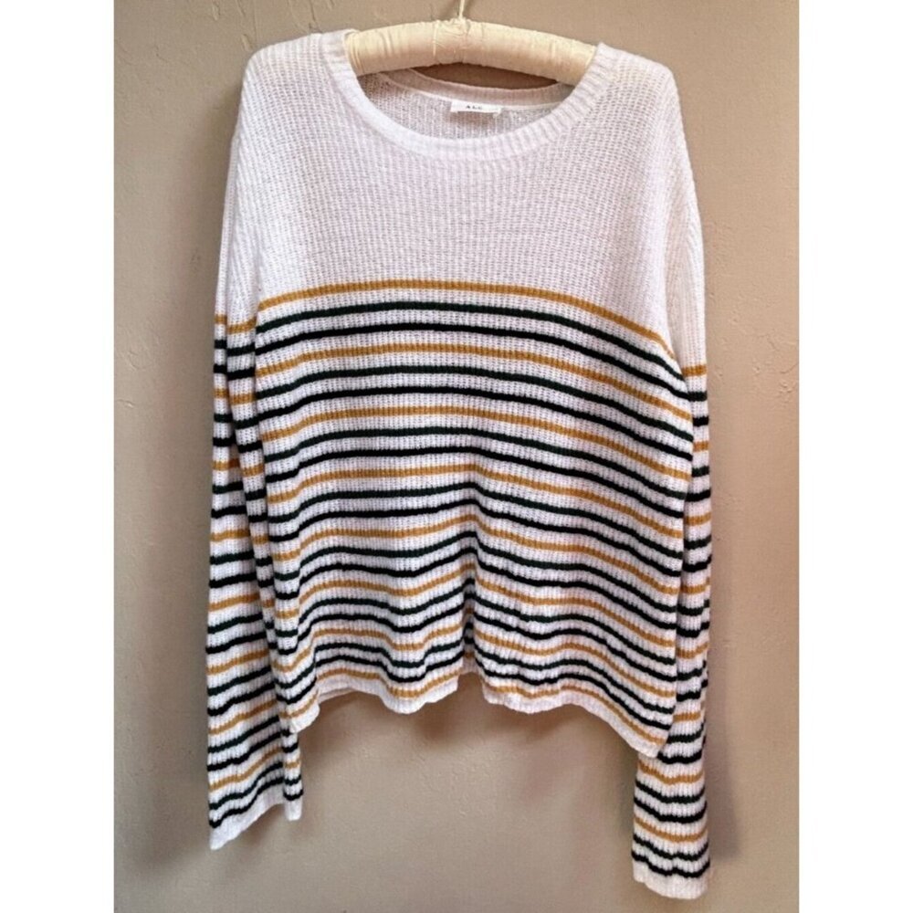 A.L.C Womens Small Striped Crew Sweater Meryl Ivory Yellow Relaxed Fit Pullover